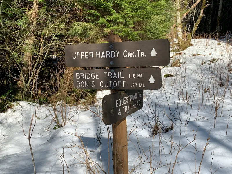 Sign post marking turns for the Equestrian Trail and Upper Hardy Creek Trail