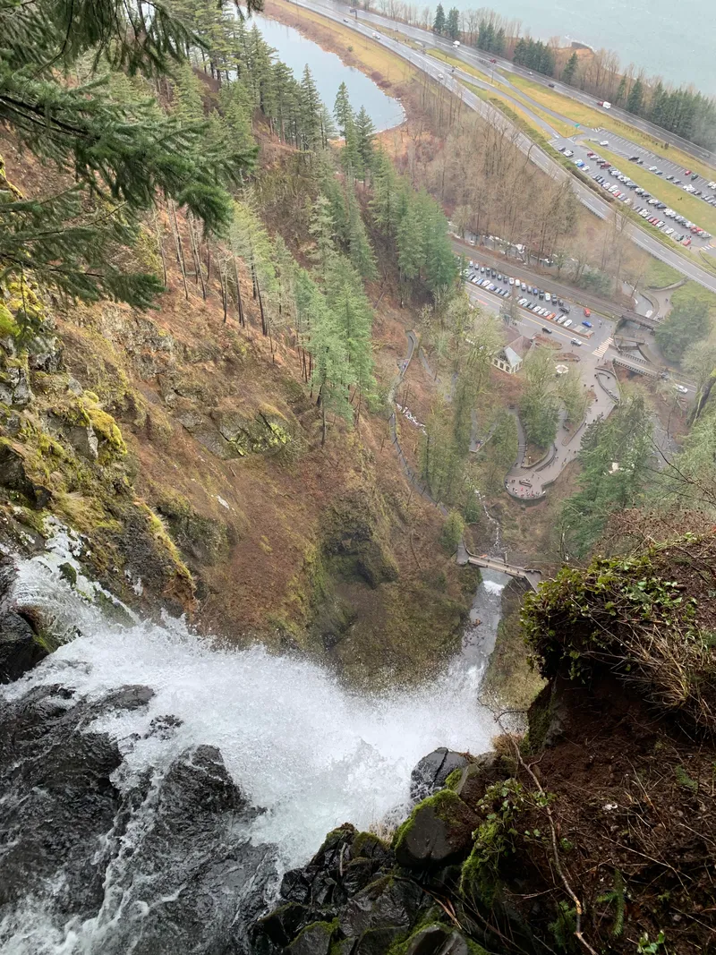 Looking down from a lookout over the edge of Multnomah Falls